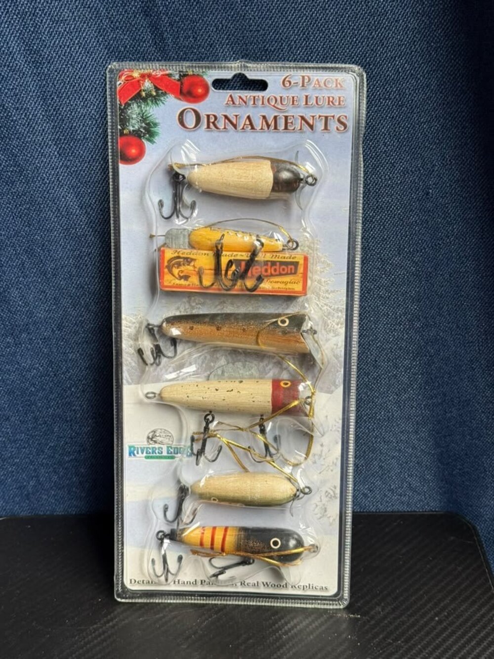 Vintage 2007 Rivers Edge Products Antique Lure Ornaments 6 Pack, Real Wood Hand